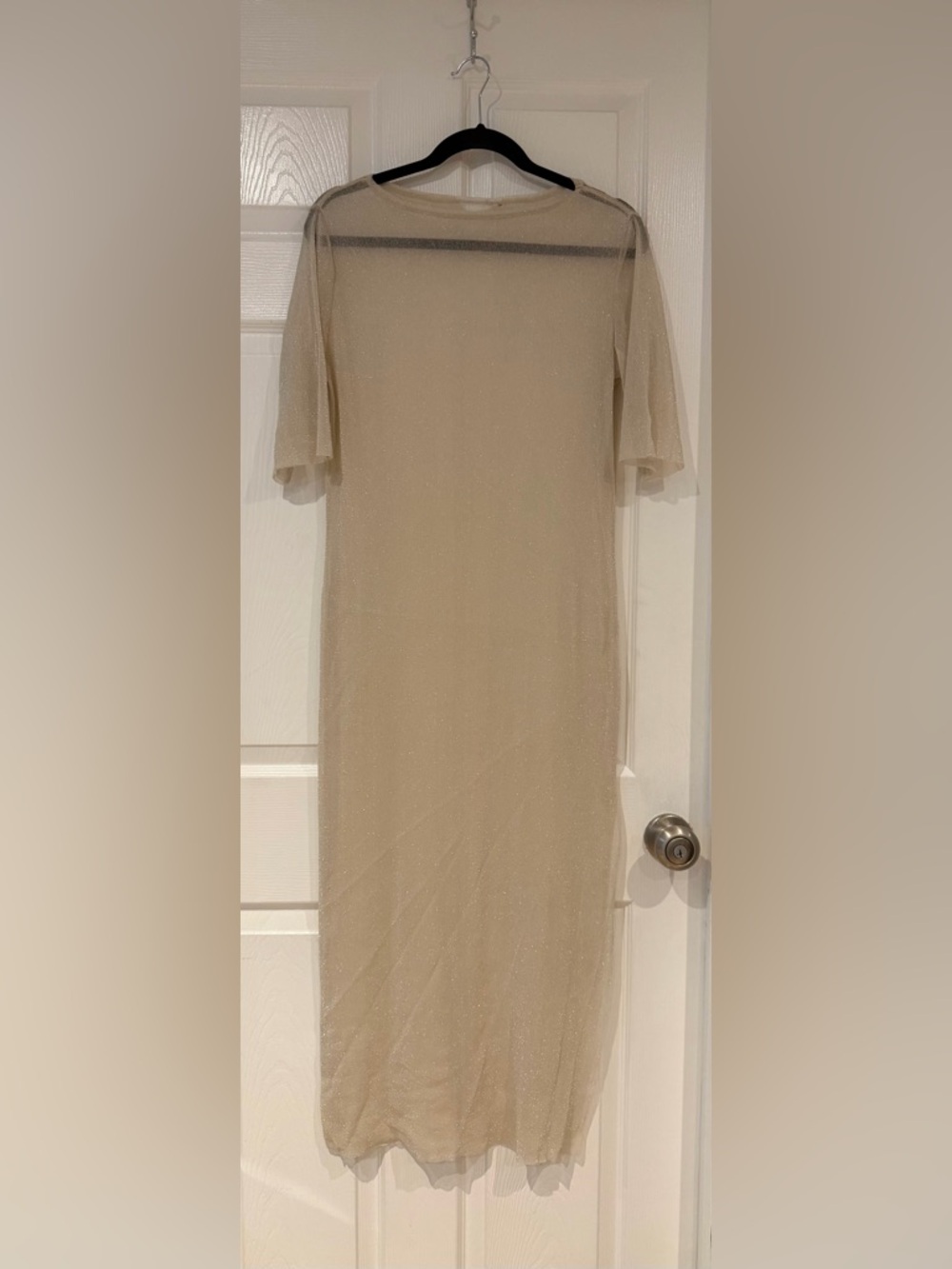 Nude Beige Sheer Maxi Dress Half Sleeve Side Slit Layering Ethereal Delicate M